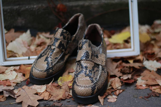 Vintage Paul Green animal print loafers| Brown faux exotic skin Slip ins