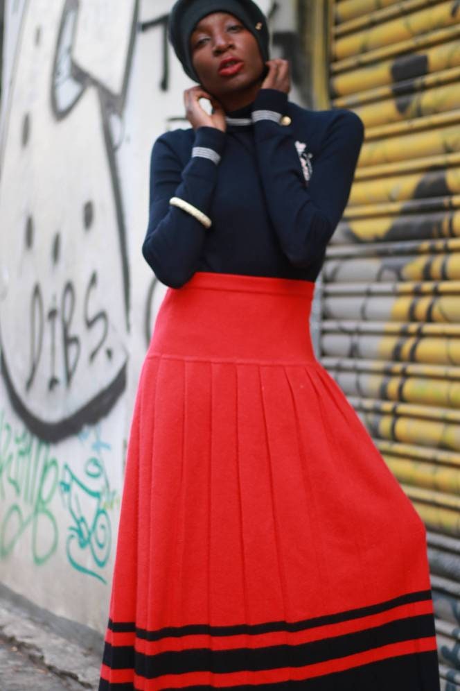 80s Evan Picone pleated skirt | Vintage collage angora blend skirt | striped maxi winter skirt in red and black
