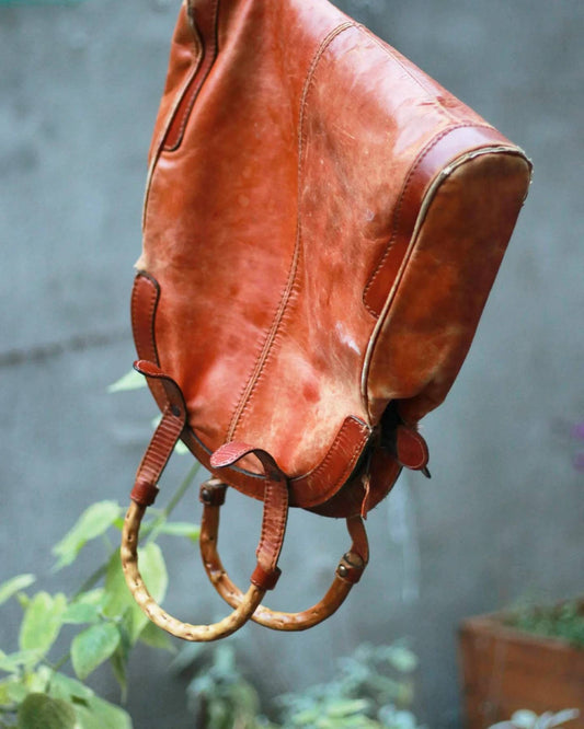 70s Leather Top handle bag | Vintage Brown shoulder bag with statement wooden handles