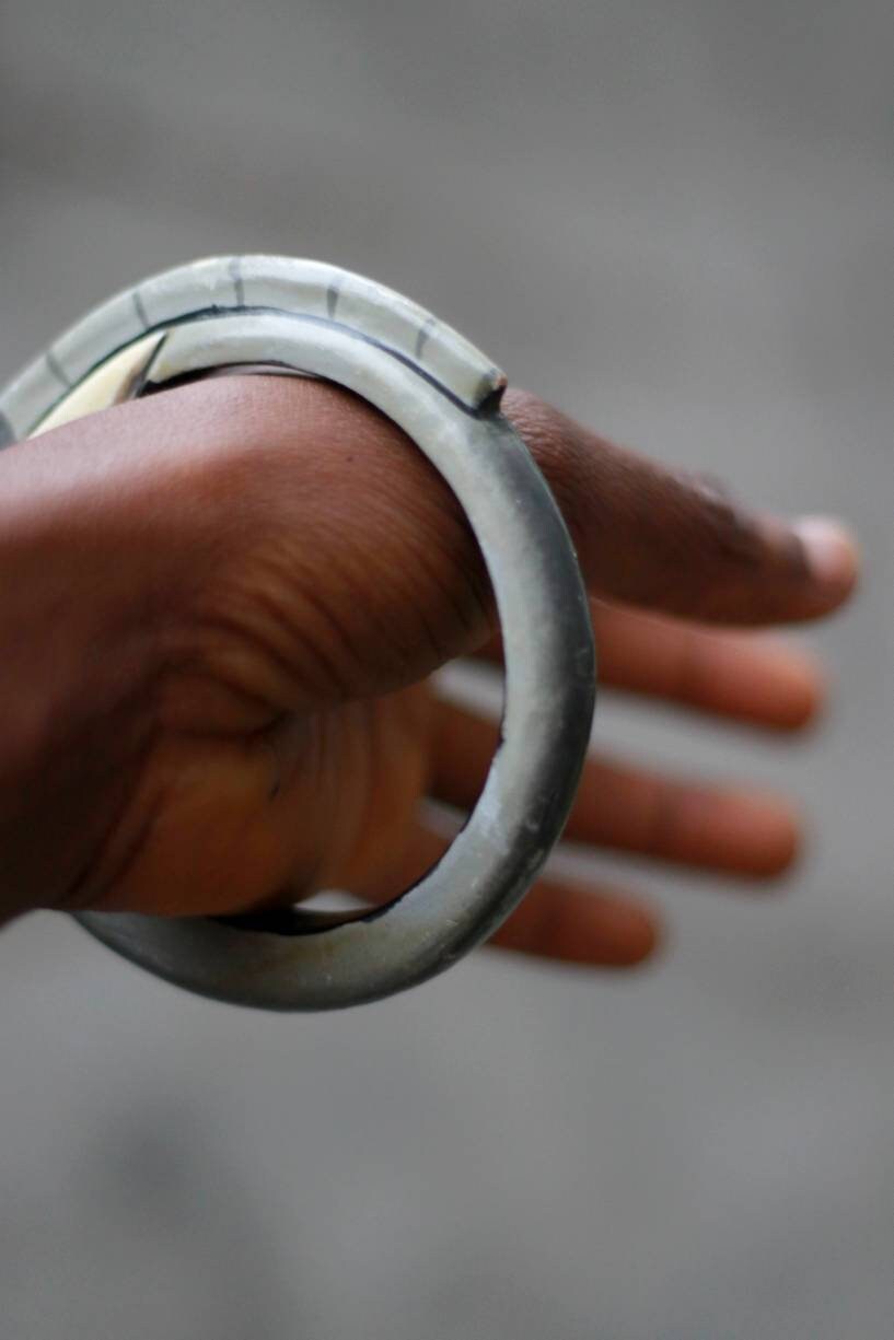 Vintage Wooden Elephant Motif Bracelet| 70s Grey and White statement jewellery