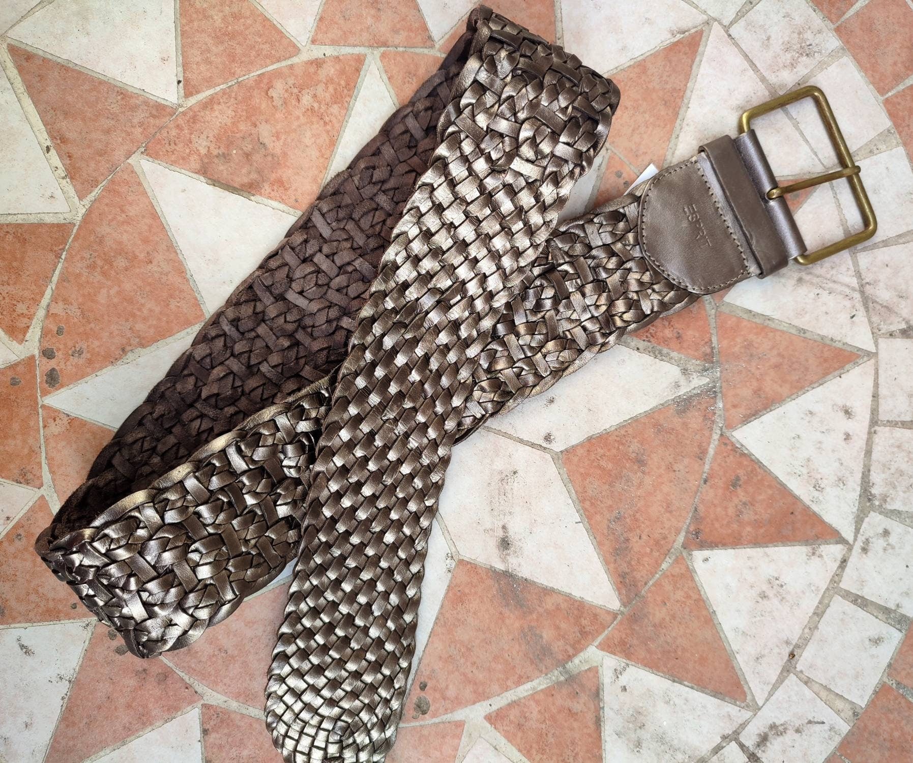 90s ESPRIT Buffalo leather belt | Vintage woven brown belt