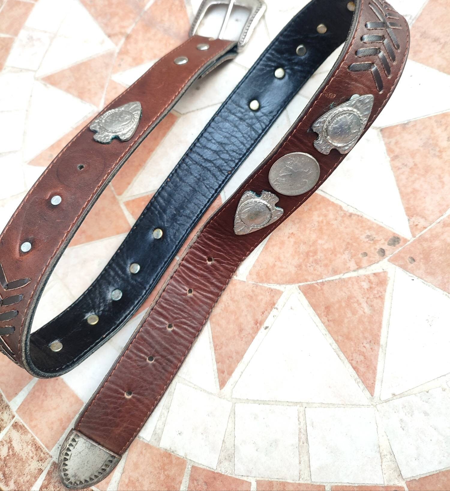 Vintage Americana inspired leather belt| 90s Stockerpoint Western brown leather belt with silver colored details