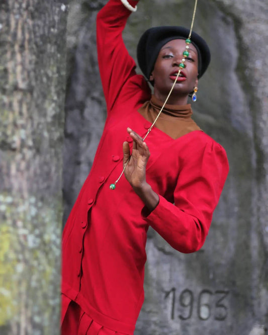 Vintage Mikko red dress | pleated maxi dress with statement neckline