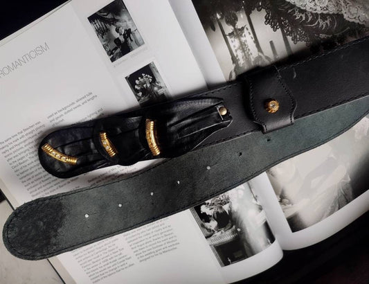 Vintage Leather Belt with gold details| 80s black belt with statement details