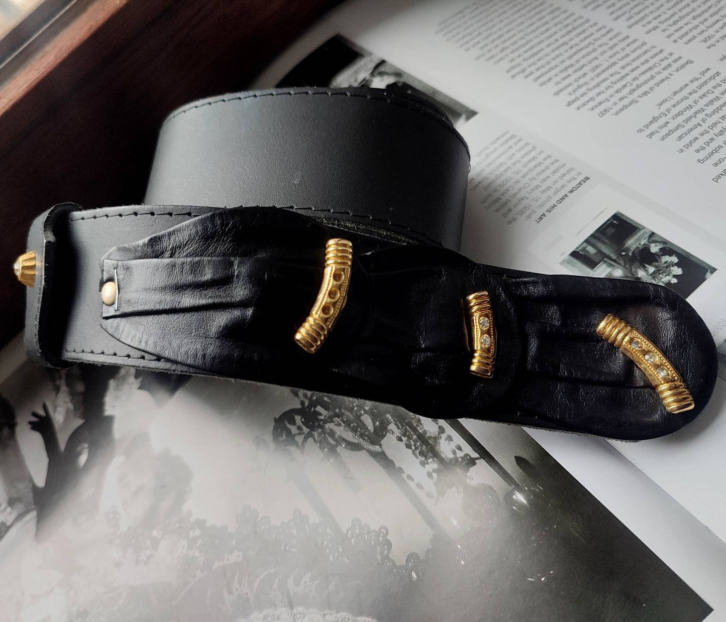 Vintage Leather Belt with gold details| 80s black belt with statement details