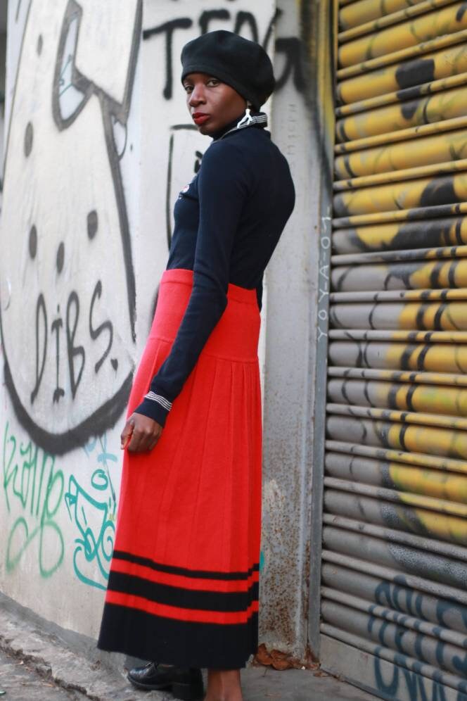 80s Evan Picone pleated skirt | Vintage collage angora blend skirt | striped maxi winter skirt in red and black