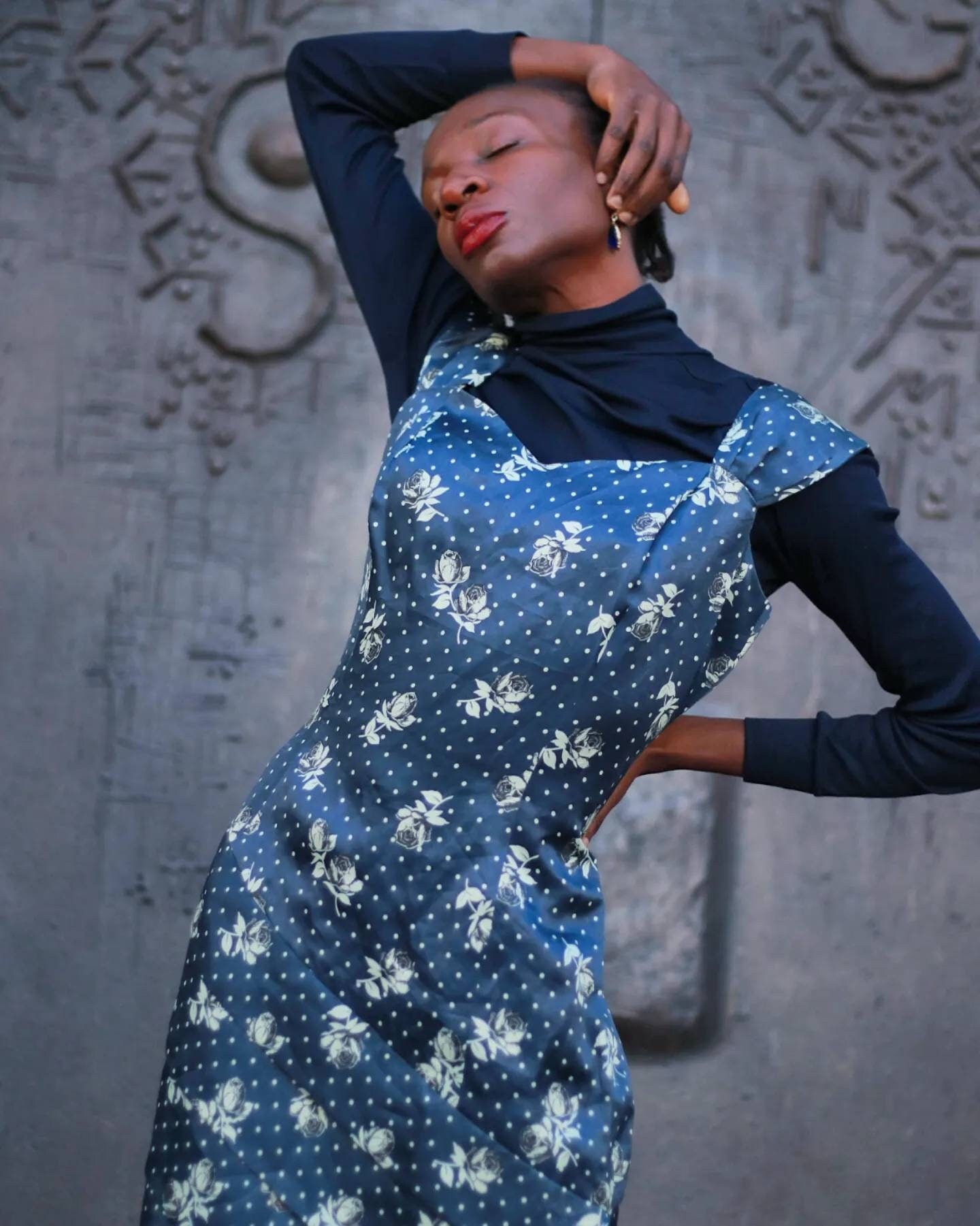 90s Mario Ferarri Silk dress | Vintage Blue evening dress with floral print