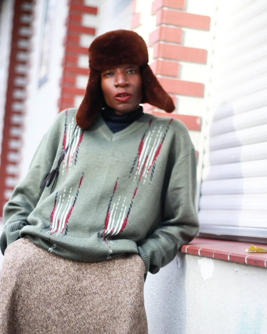 Ammann Strickmodem Green Knit with striped patterns| Vintage 90s long sleeved sweater with white and red details