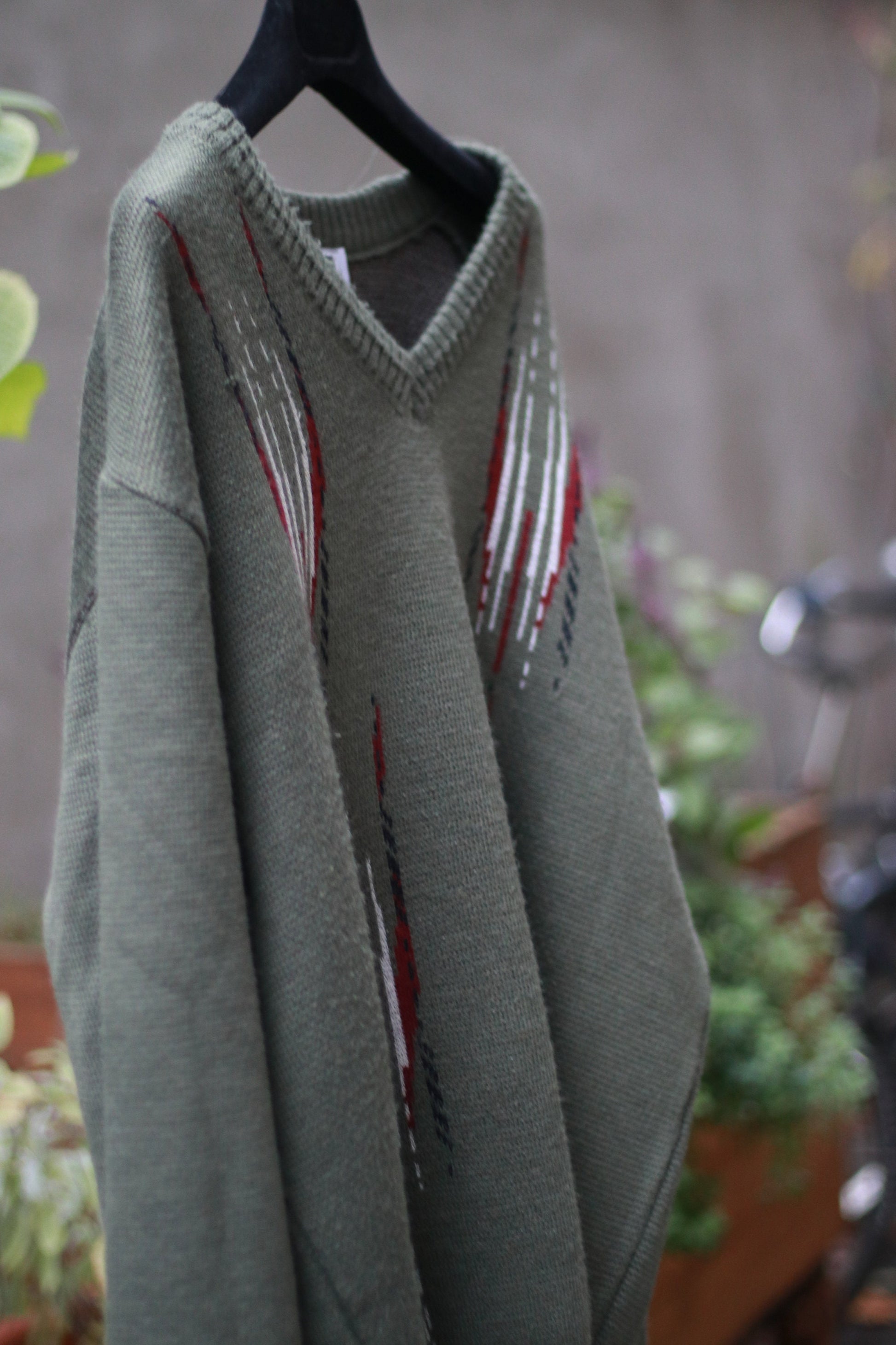 Ammann Strickmodem Green Knit with striped patterns| Vintage 90s long sleeved sweater with white and red details