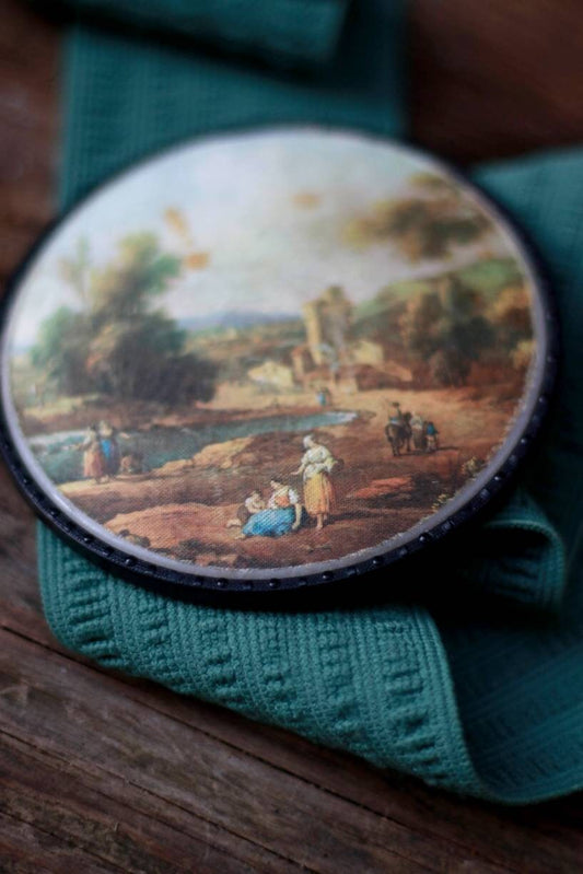 70s handmade waist belt in green | Vintage belt with pastoral image