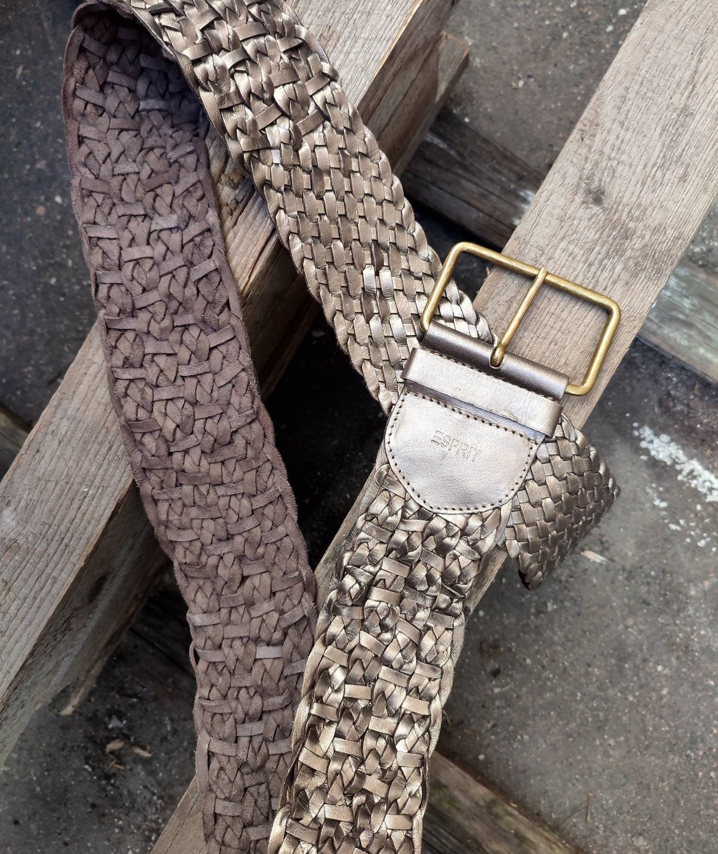 90s ESPRIT Buffalo leather belt | Vintage woven brown belt