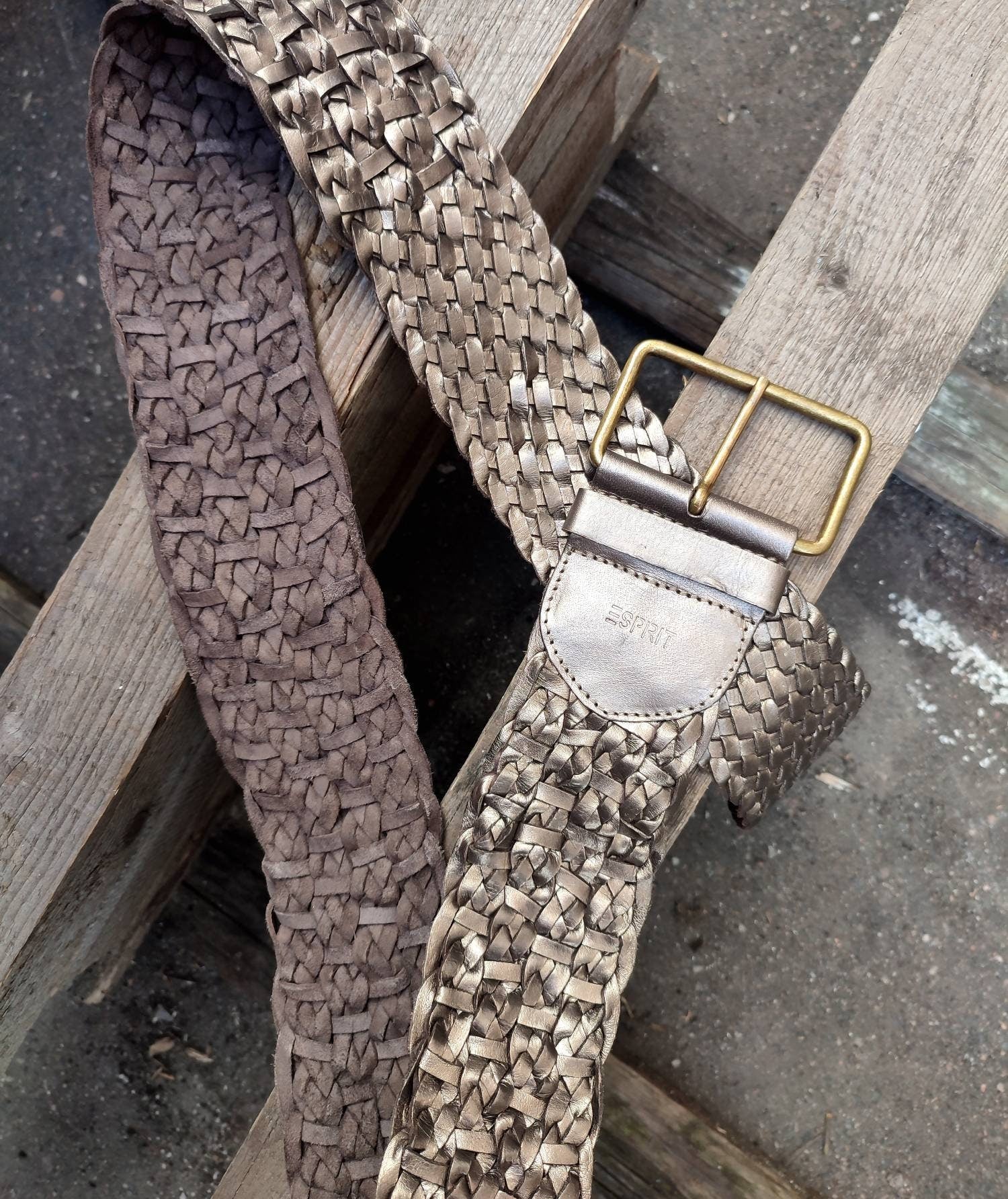 90s ESPRIT Buffalo leather belt | Vintage woven brown belt