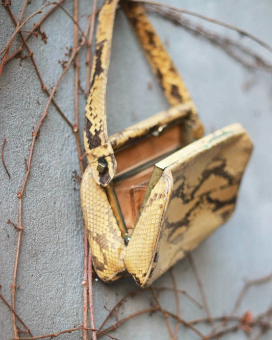 70s snake skin handbag| Vintage brown compact shoulder bag | Mini Leo print bag