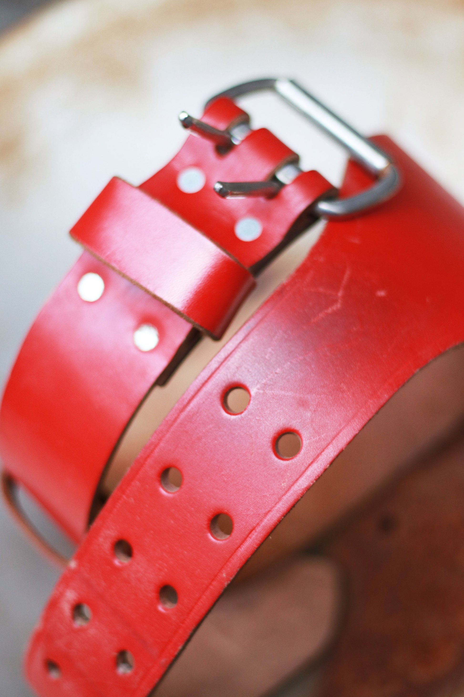 Vintage Leather Oversized Belt | Red statement waist belt