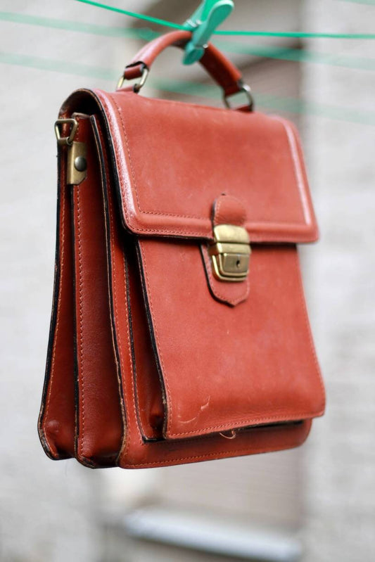Vintage Brown Leather Top Handle Bag | 70s old school design