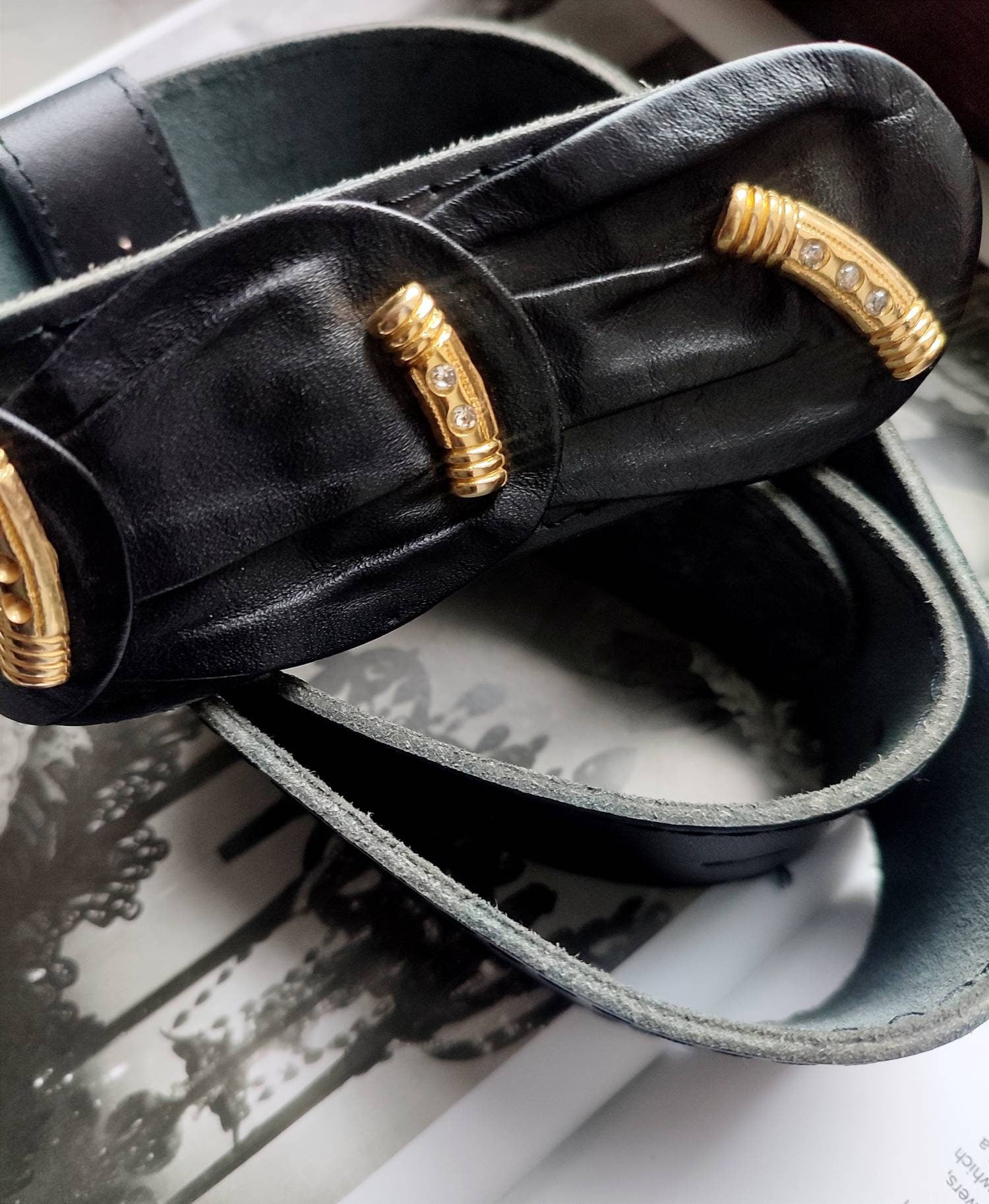 Vintage Leather Belt with gold details| 80s black belt with statement details