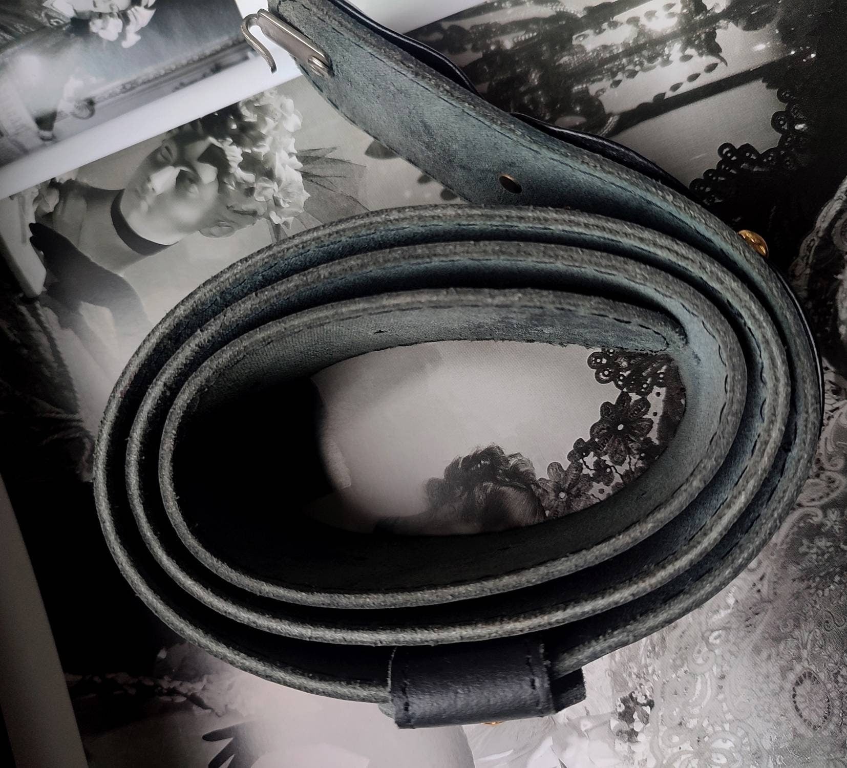 Vintage Leather Belt with gold details| 80s black belt with statement details