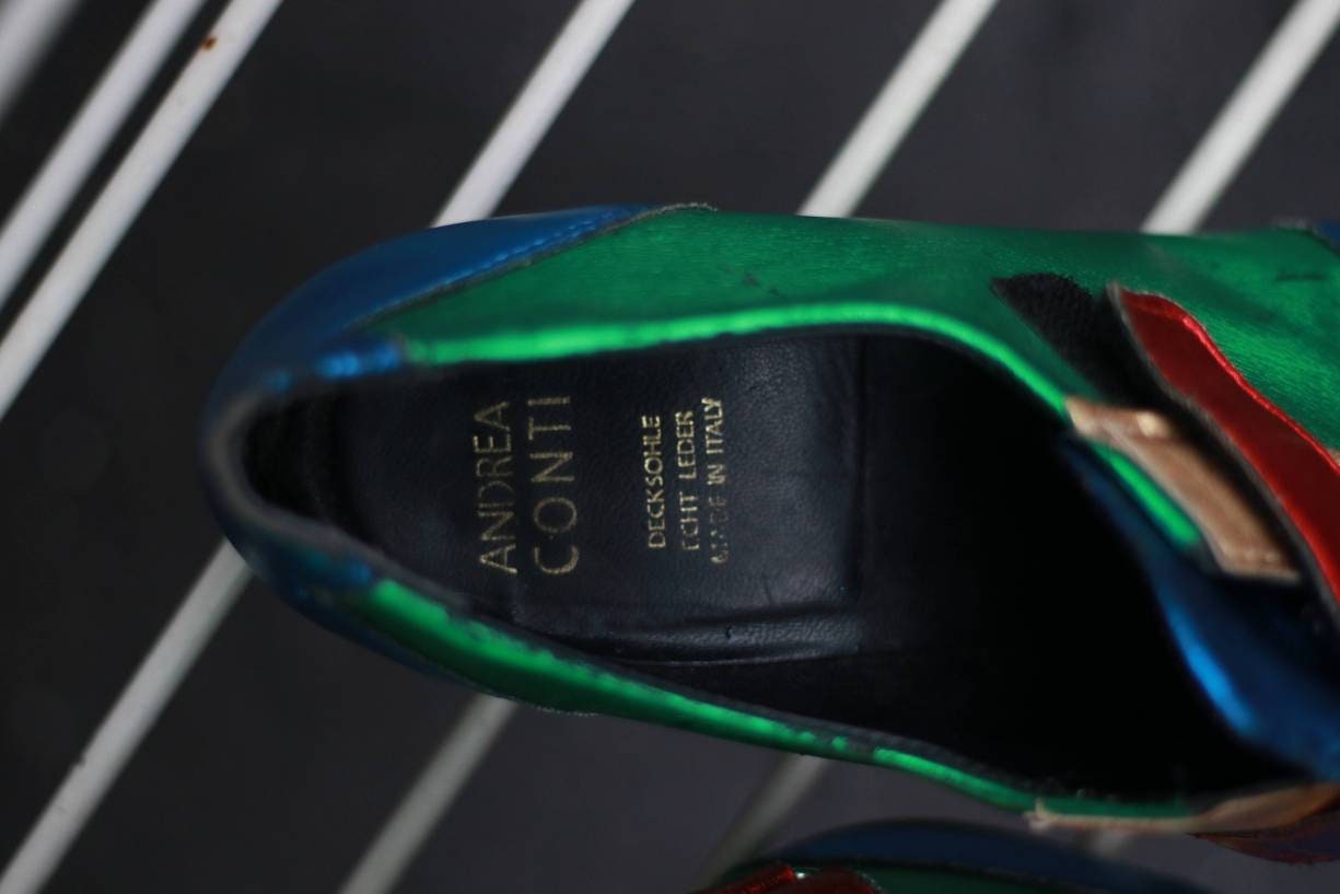Vintage Andrea Conti Booties| 80s bold leather ankle boots| Blue, Green and Yellow pointed toe shoes