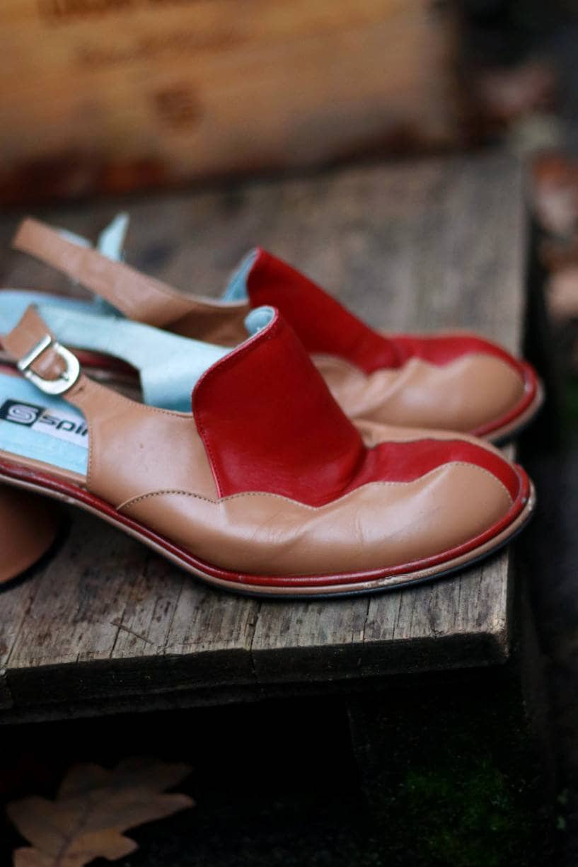 Vintage Spiral Wedges in red and brown| Retro Bohemian Summer Slingbacks