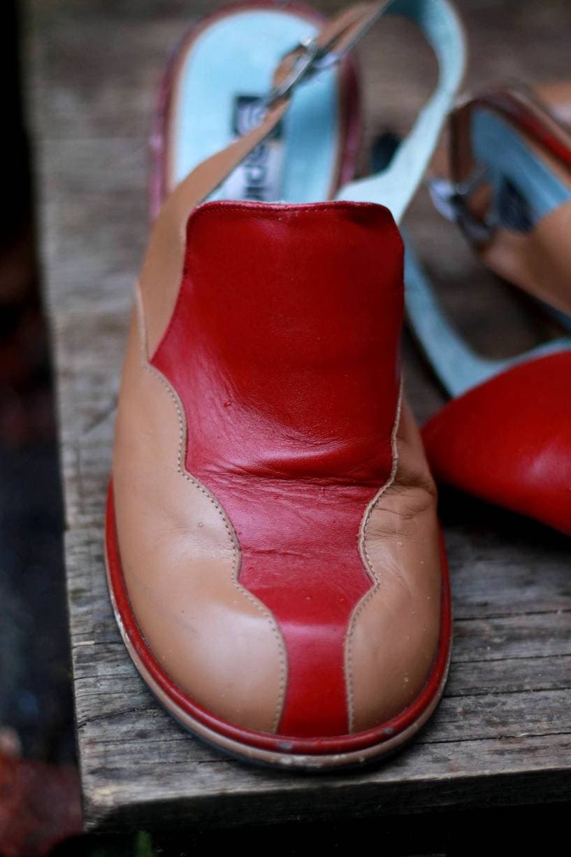 Vintage Spiral Wedges in red and brown| Retro Bohemian Summer Slingbacks