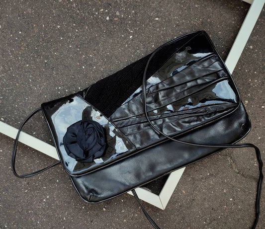 80s Black Shoulder bag | Vintage Faux leather evening bag with floral details