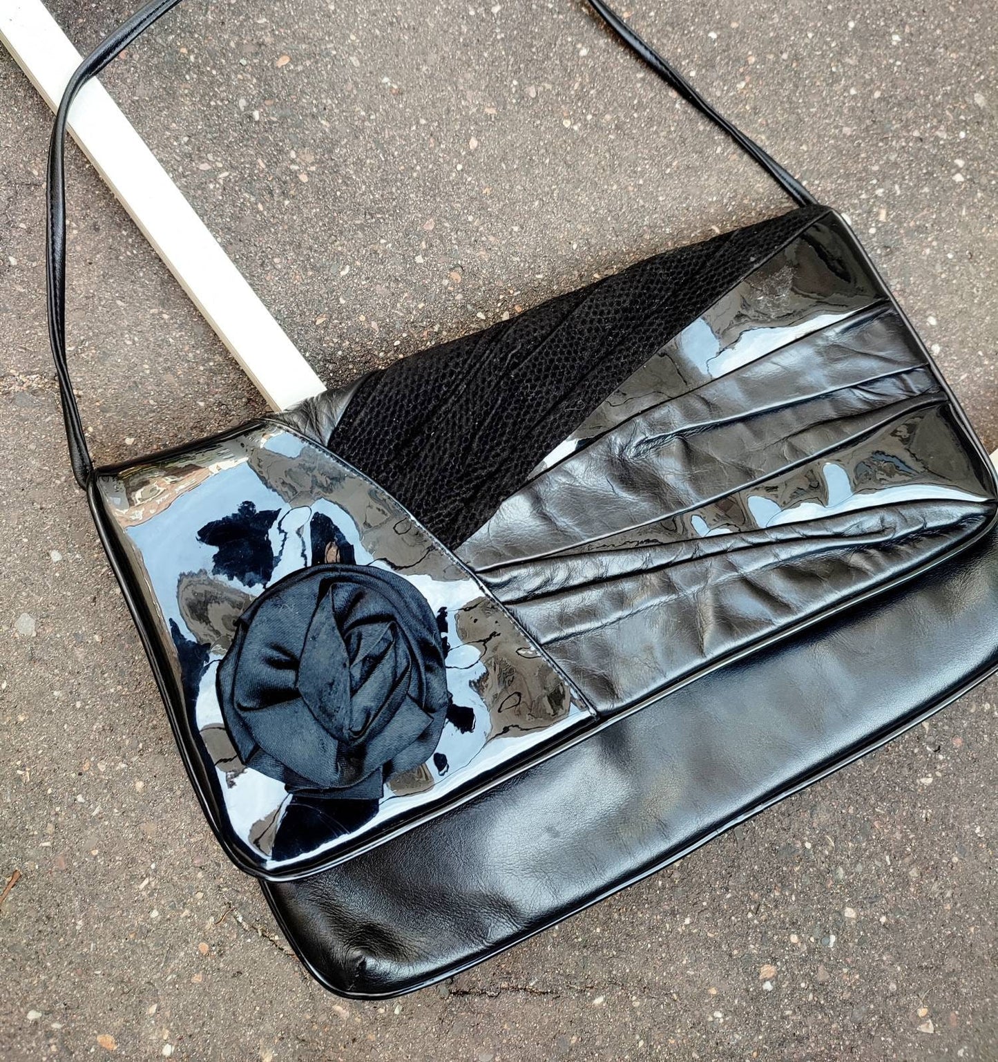 80s Black Shoulder bag | Vintage Faux leather evening bag with floral details