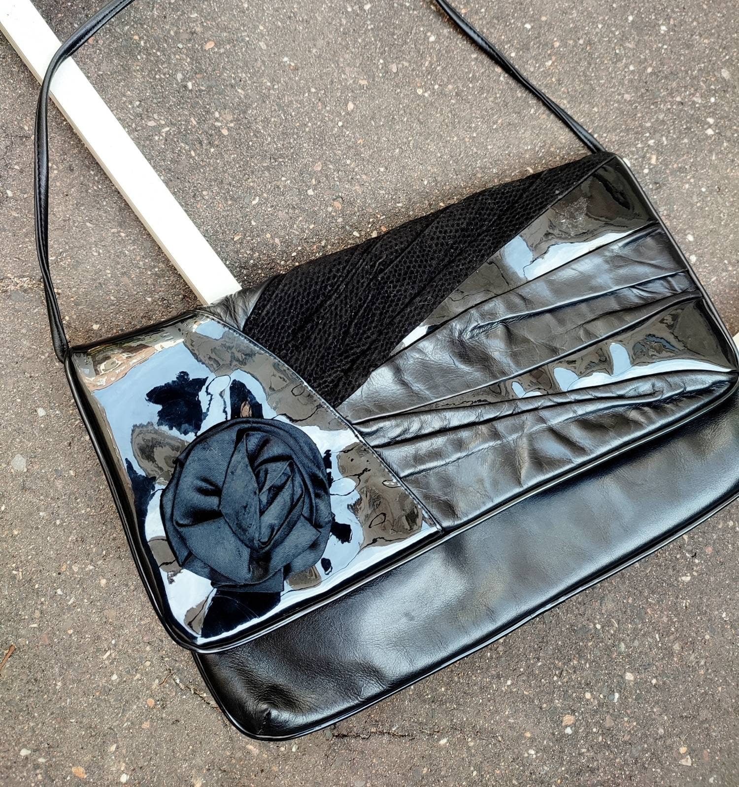 80s Black Shoulder bag | Vintage Faux leather evening bag with floral details