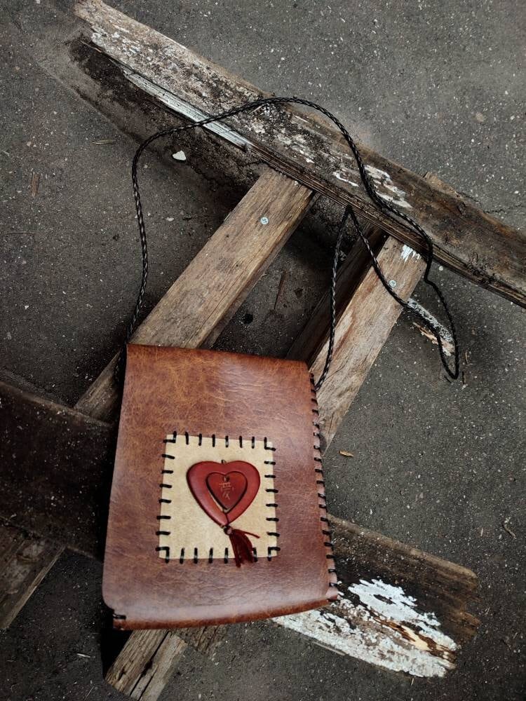 Bohemian Handmade leather compact bag | Vintage brown leather mini shoulder bag with heart shape detail