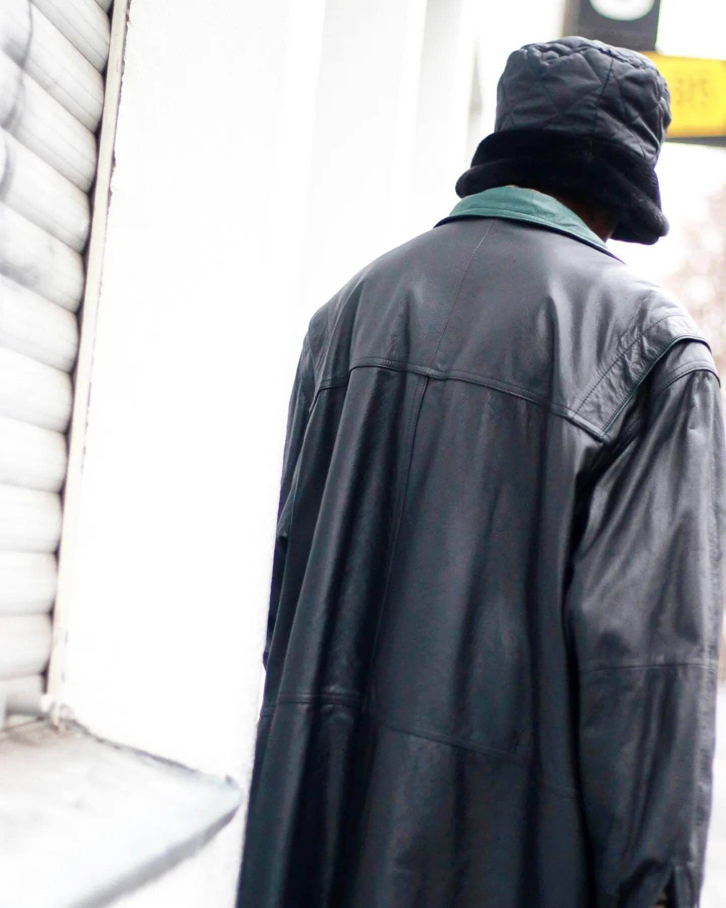 90s Leather Jacket with Statement Green Details| Vintage long leather Coat Streetwear inspired