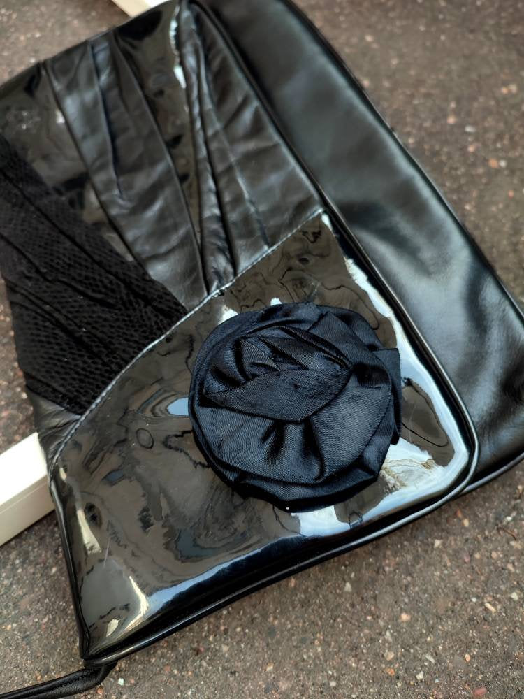 80s Black Shoulder bag | Vintage Faux leather evening bag with floral details