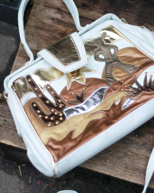 80s Rare White Leather bag| Statement Western Themed unique tote| Vintage patchwork tooled shoulder bag | Cowgirl and cactus themed bag
