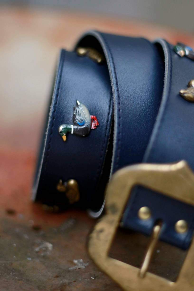 80s Country Inspired leather Belt | Vintage duck studded blue maximalism belt