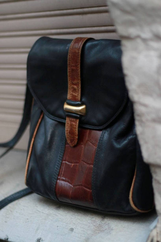 Vintage Black Bag with faux exotic details | Brown and black Shoulder bag with adjustable straps