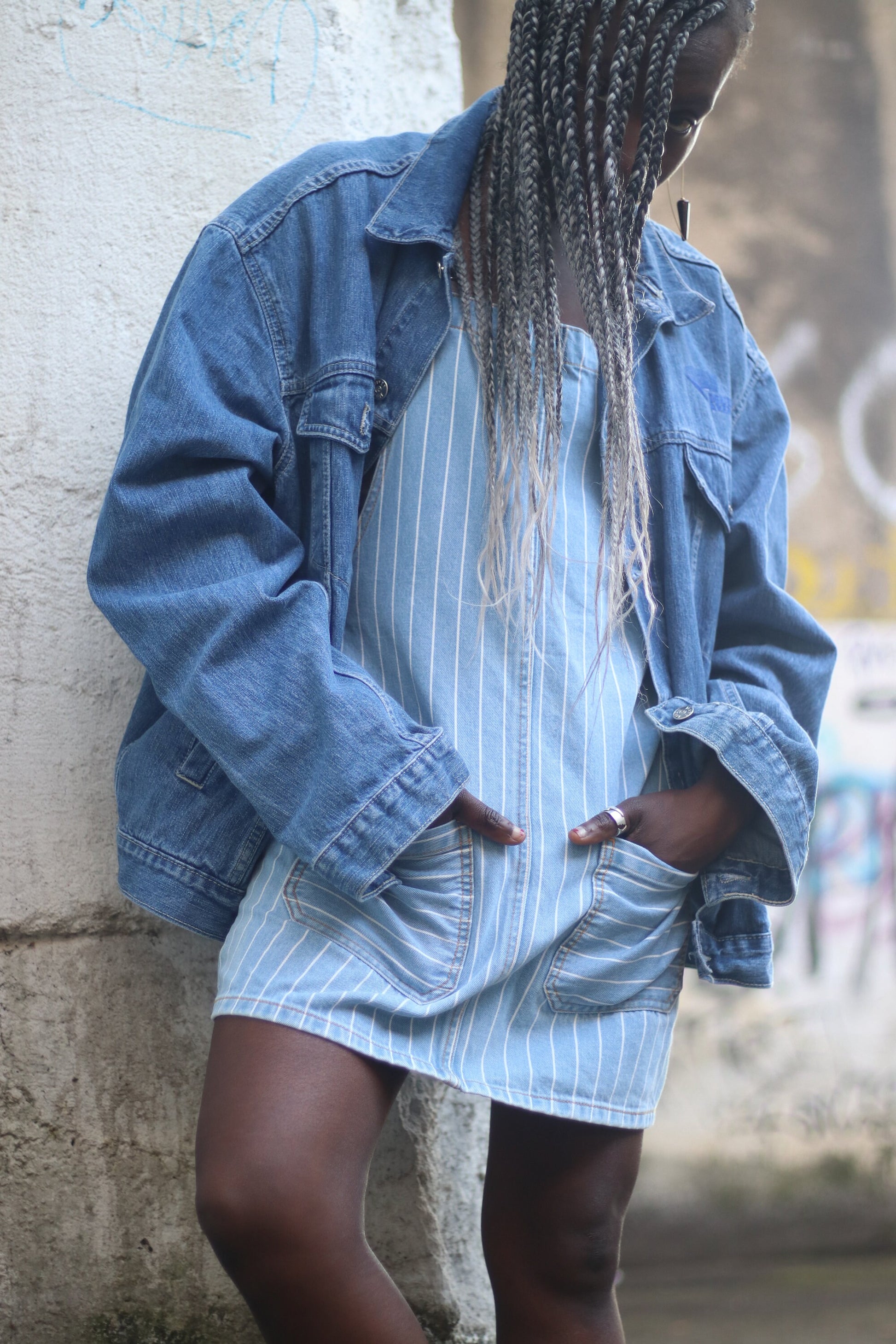 Y2k Zamira denim lab overall dress| Vintage blue and white striped denim dress