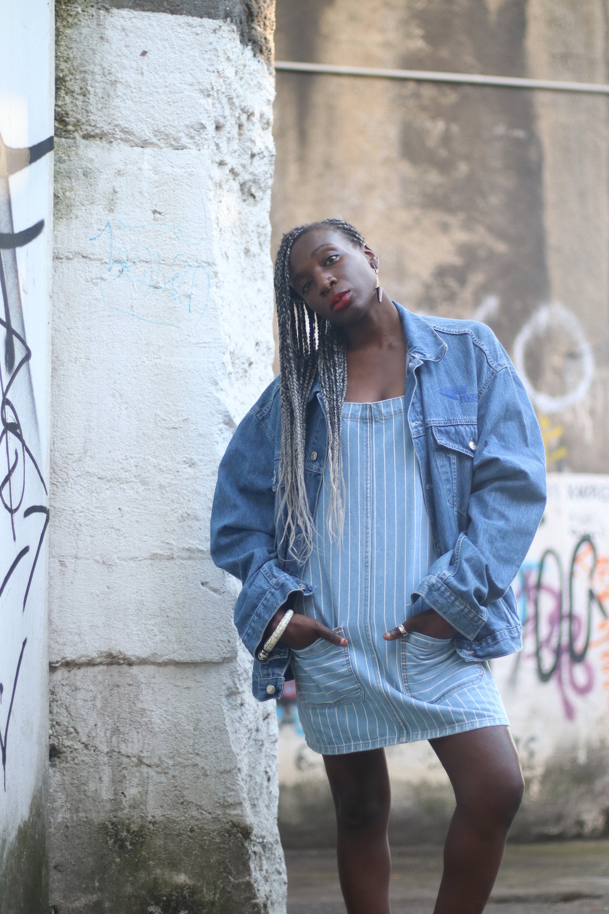 Y2k Zamira denim lab overall dress| Vintage blue and white striped den – Fashion and Fables
