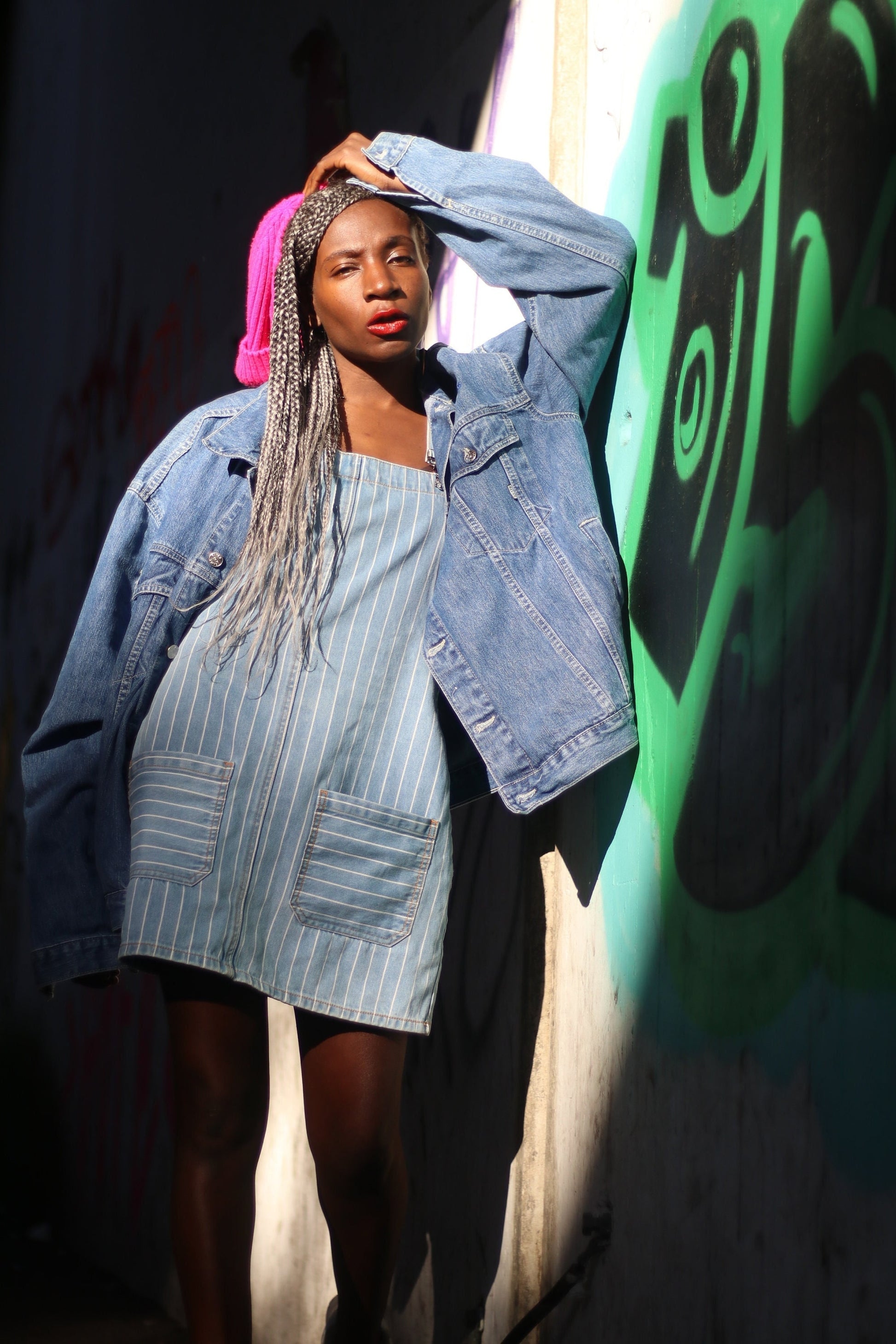 Y2k Zamira denim lab overall dress| Vintage blue and white striped denim dress