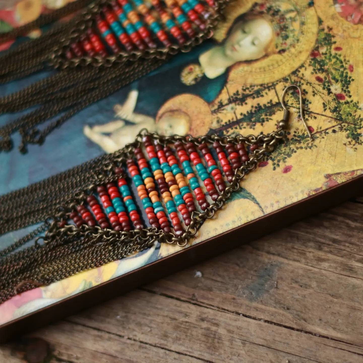 70s beaded chandelier earrings| Vintage hippy jewelry in red and blue| Maximalist bohemian accessory