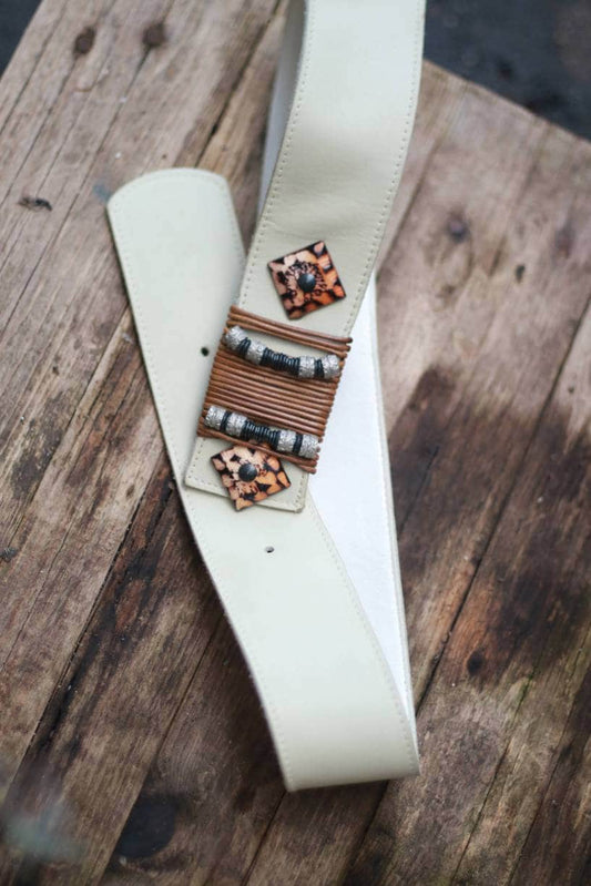 Western inspired white leather belt| Vintage belt with beaded details