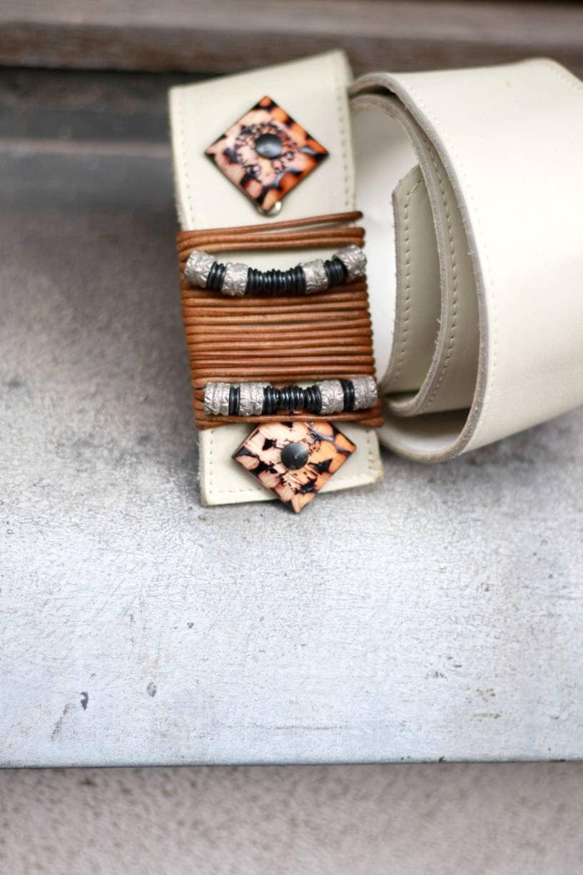 Western inspired white leather belt| Vintage belt with beaded details