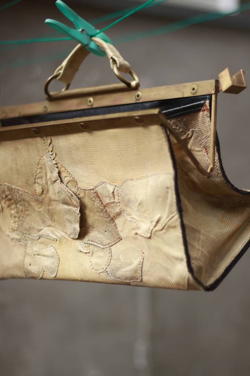 70s Doctor's Bag with Exotic upper| Vintage Embossed leather top handle bag | Gold colored handbag with patchwork optic