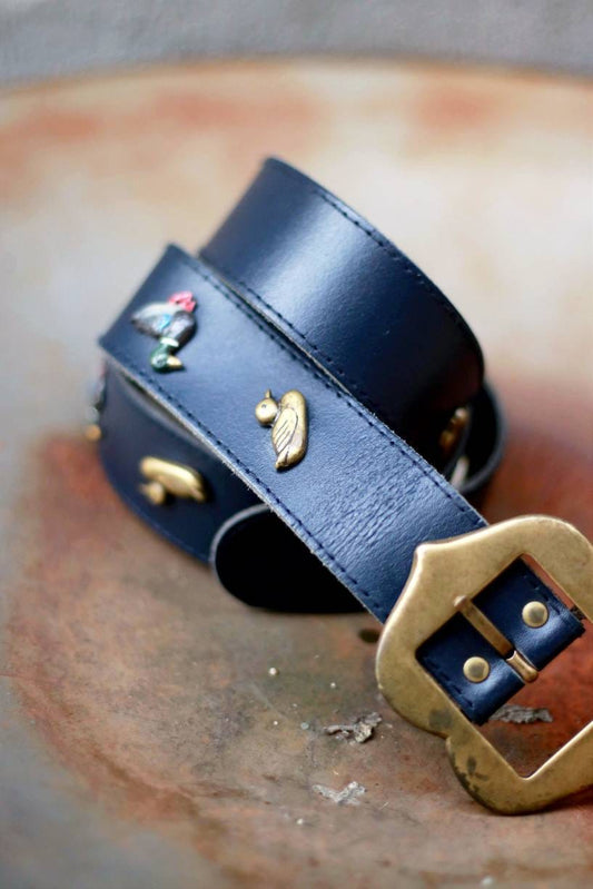 80s Country Inspired leather Belt | Vintage duck studded blue maximalism belt