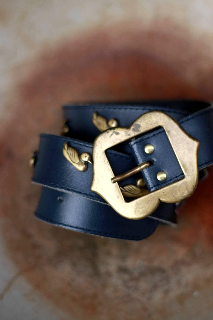 80s Country Inspired leather Belt | Vintage duck studded blue maximalism belt
