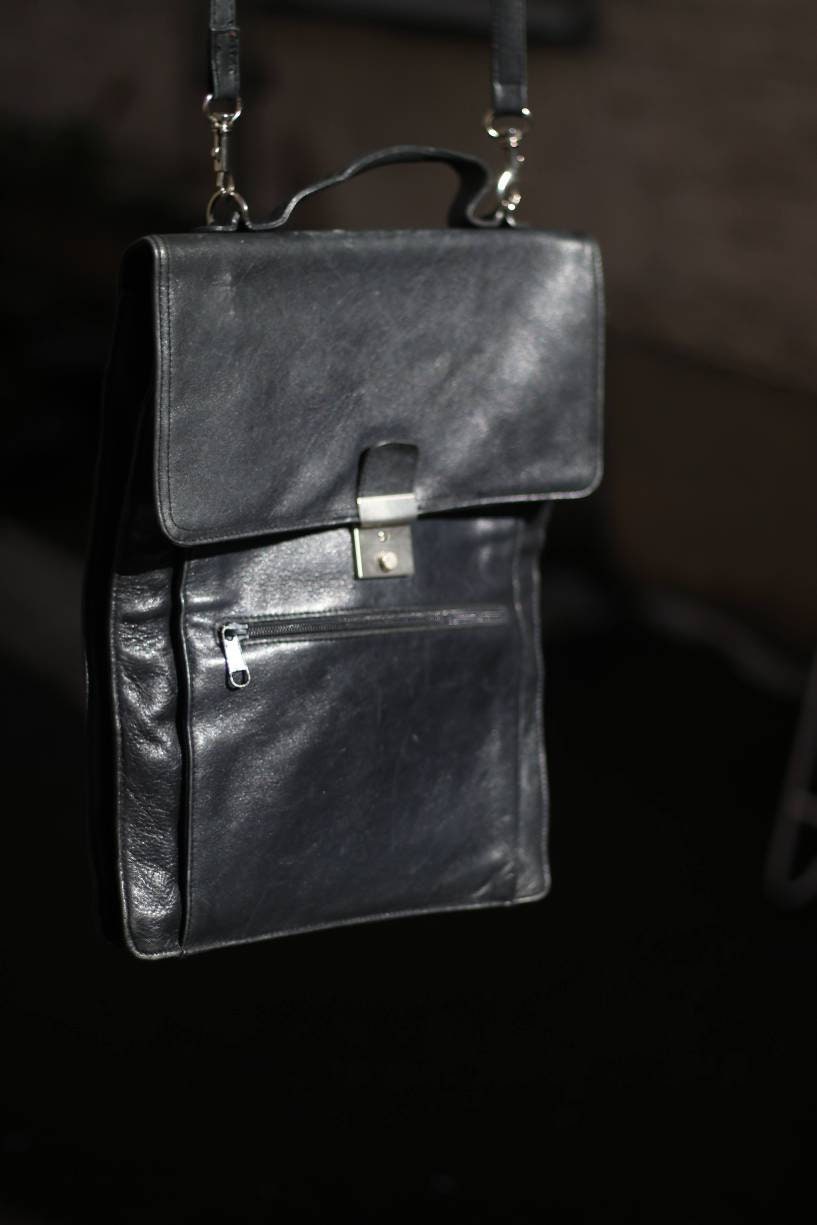 Vintage black leather handbag| Picard minimalist leather functional shoulderbag| School girl retro Satchel