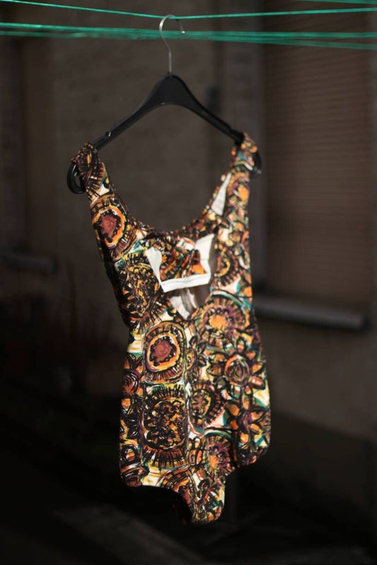 Vintage Bodysuit with bold statement print | 70s handmade brown floral print one piece