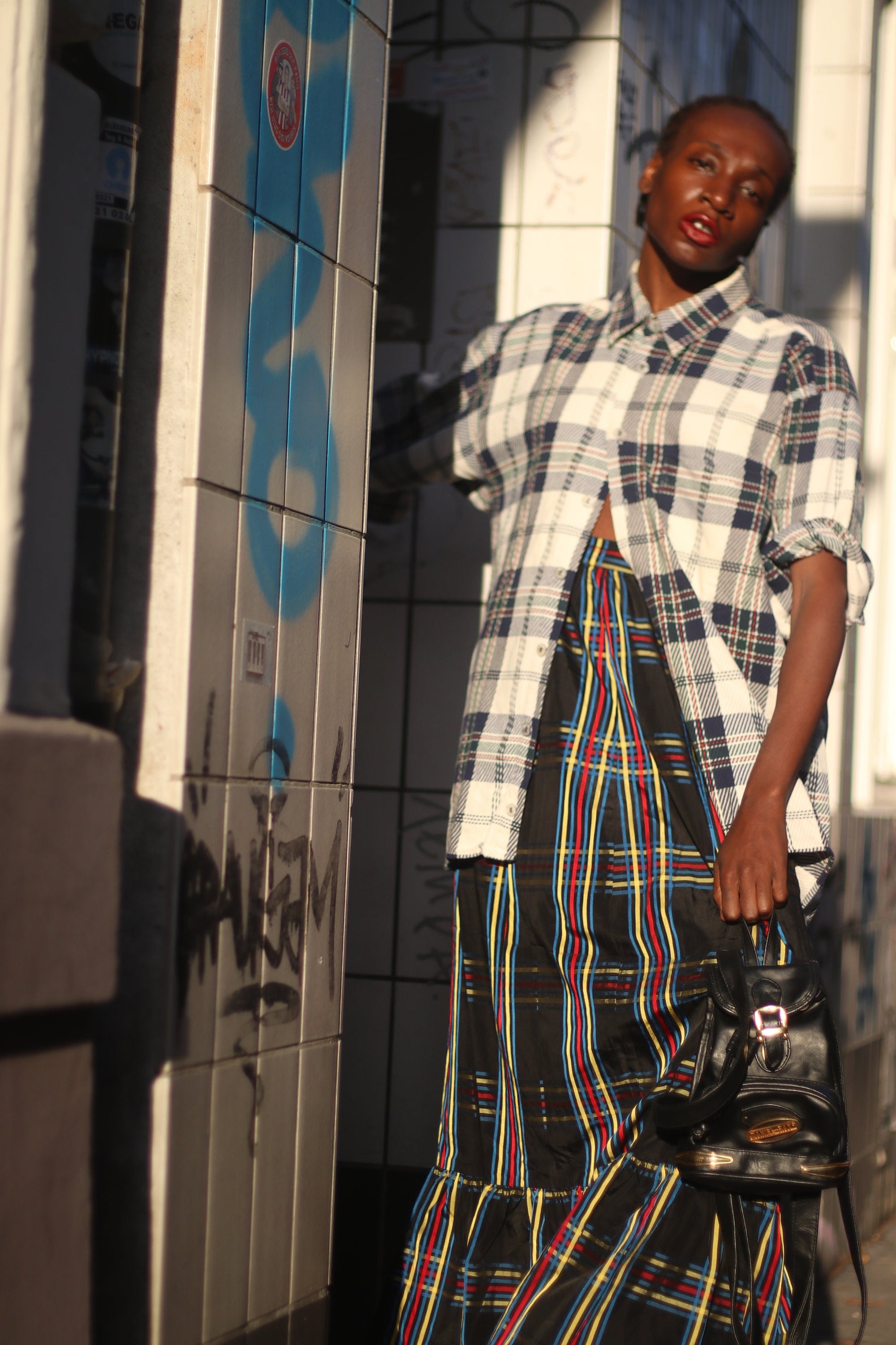 70s handmade skirt |Vintage striped maxi skirt in red, bue and yellow| Maximalist plaid skirt Checkered maxi skirt