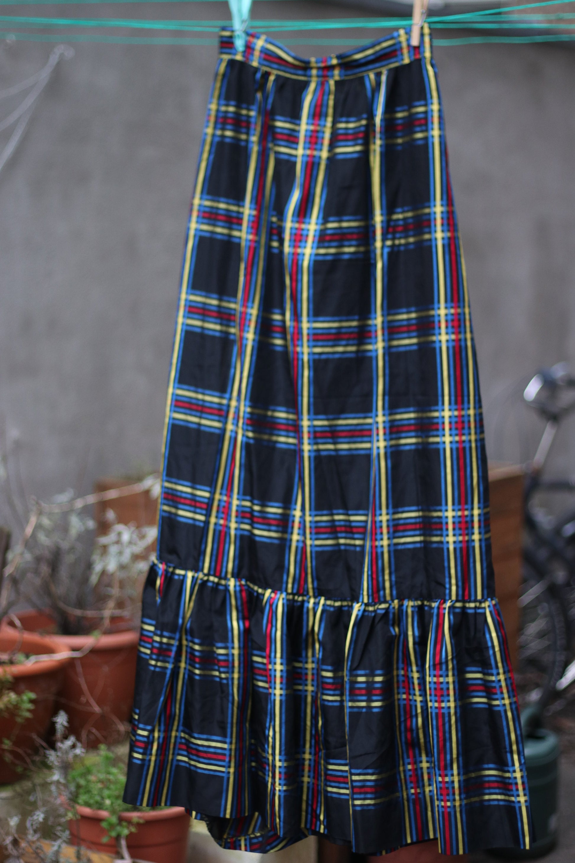 70s handmade skirt |Vintage striped maxi skirt in red, bue and yellow| Maximalist plaid skirt Checkered maxi skirt