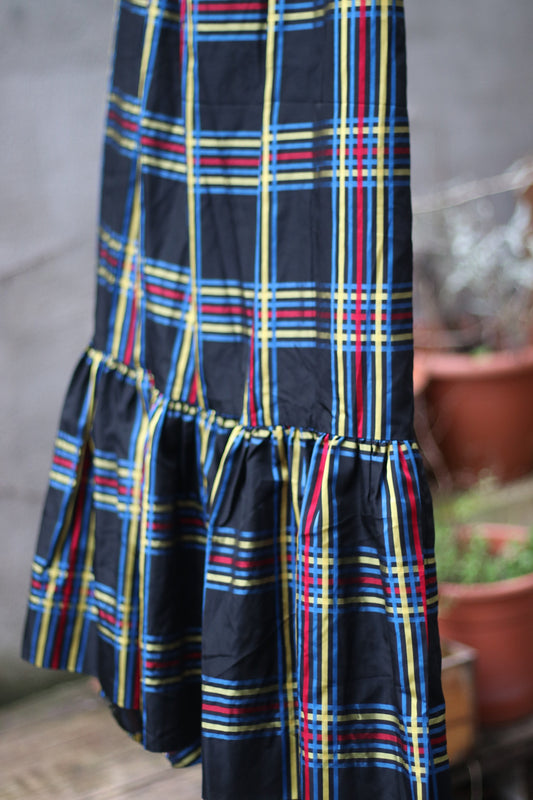 70s handmade skirt |Vintage striped maxi skirt in red, bue and yellow| Maximalist plaid skirt Checkered maxi skirt