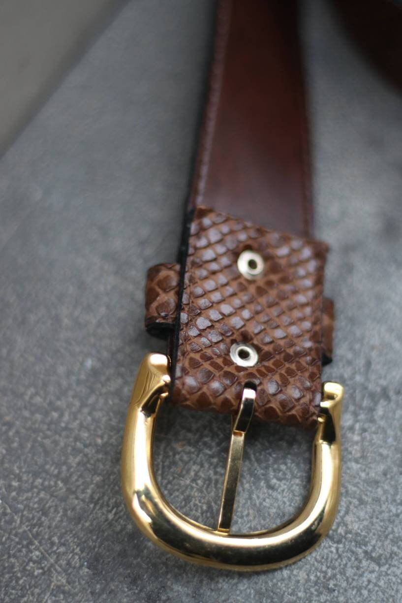 Vintage Brown Faux exotic skin belt | Y2k brown minimalist belt with gold colored buckle