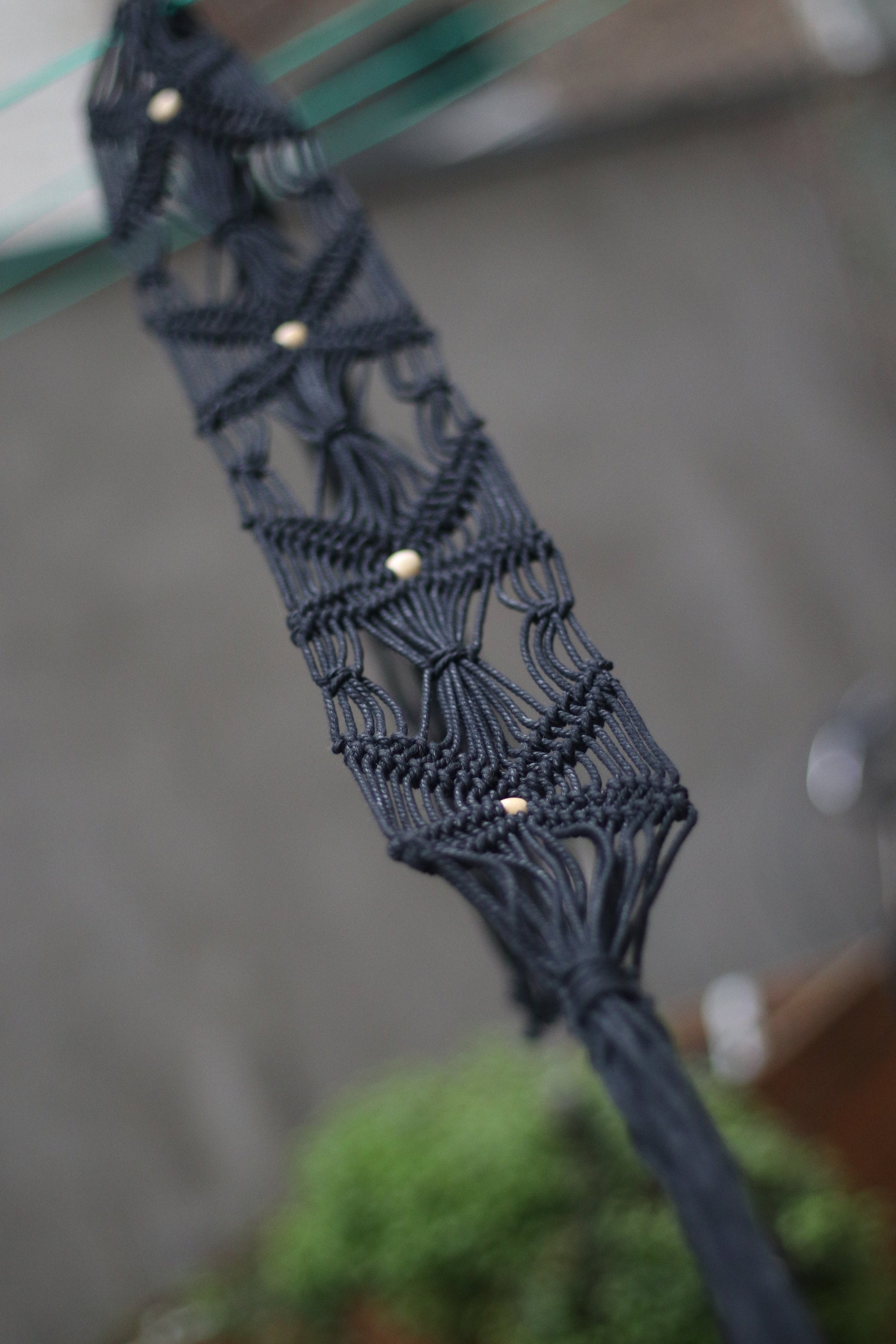 70s macrame black belt | Vintage Bohemian Woven Black belt