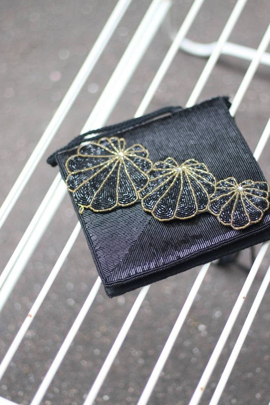y2k sequinned bag in black | Vintage mini evening shoulder bag with rope strap| Glamorous compact shiny handbag with floral motif